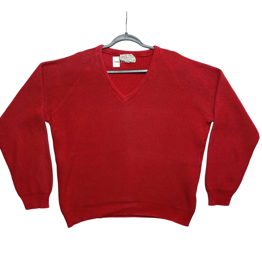 Lord Jeff Sweater Mens XL Red V-Neck Shaker Knit Cotton Raglan Made In USA